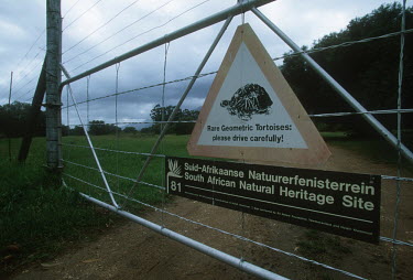 Geometric tortoise sign at reserve entrance Africa,conservation,conservation action,tortoise,tortoises,geometric tortoise,Psammobates geometricus,habitat,sign,reserve,gate,notice,entrance,warning,Chordates,Chordata,Reptilia,Reptiles,Tortoises,T